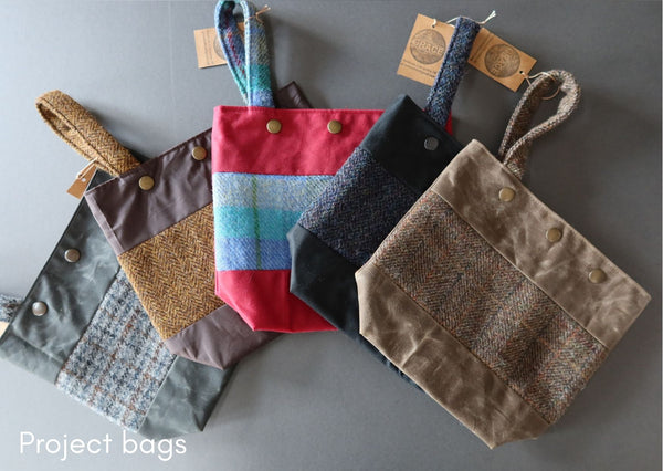 Tweed and waxed cotton project bags, pouches & notion holders - made in the UK