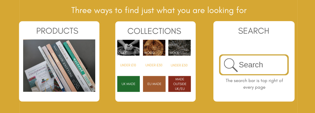 Search products via bar at the top right of every page.